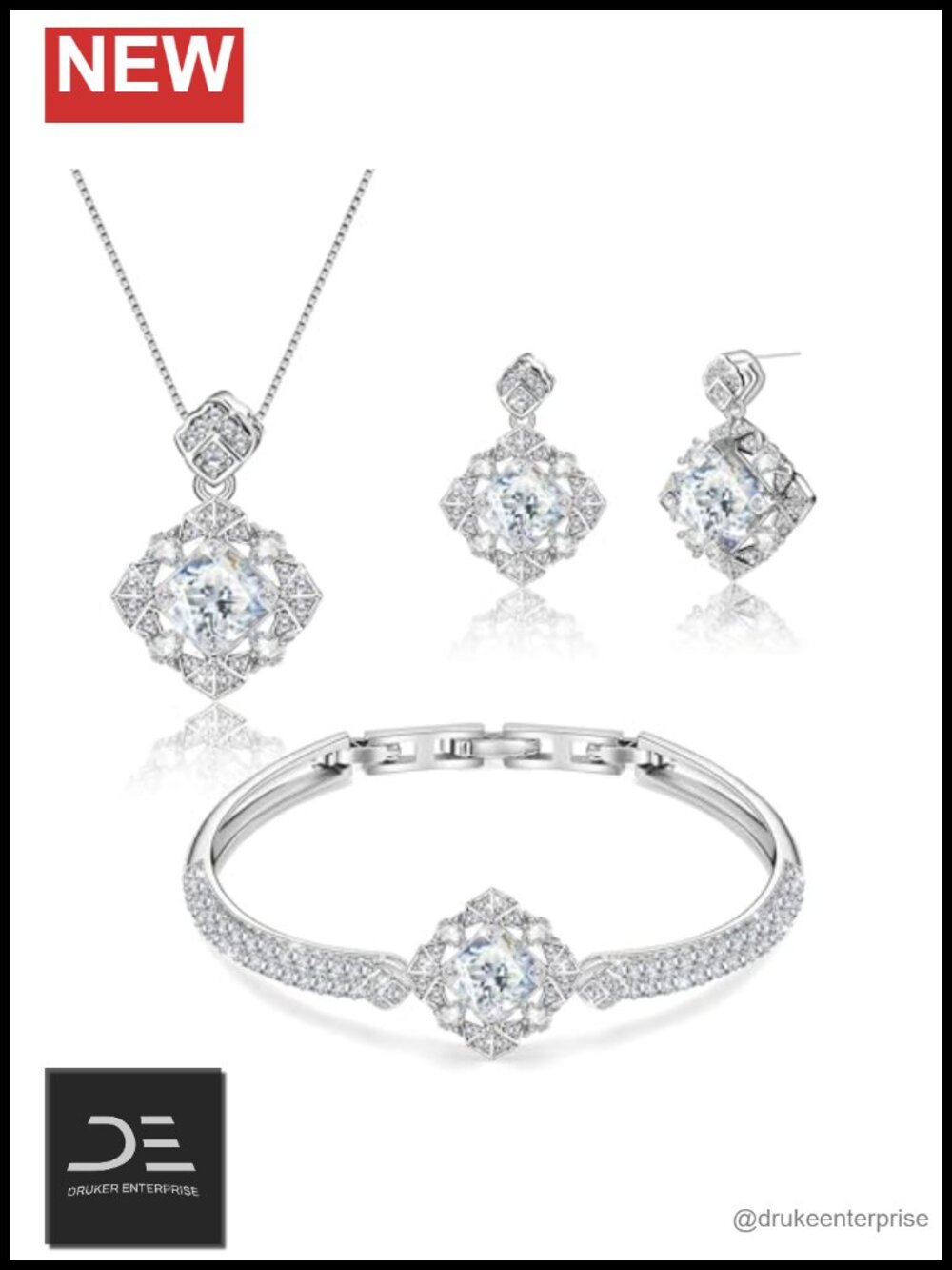 18K White Gold Plated Sapphire Crystal Jewelry Set Bracelet Necklace Earrings
